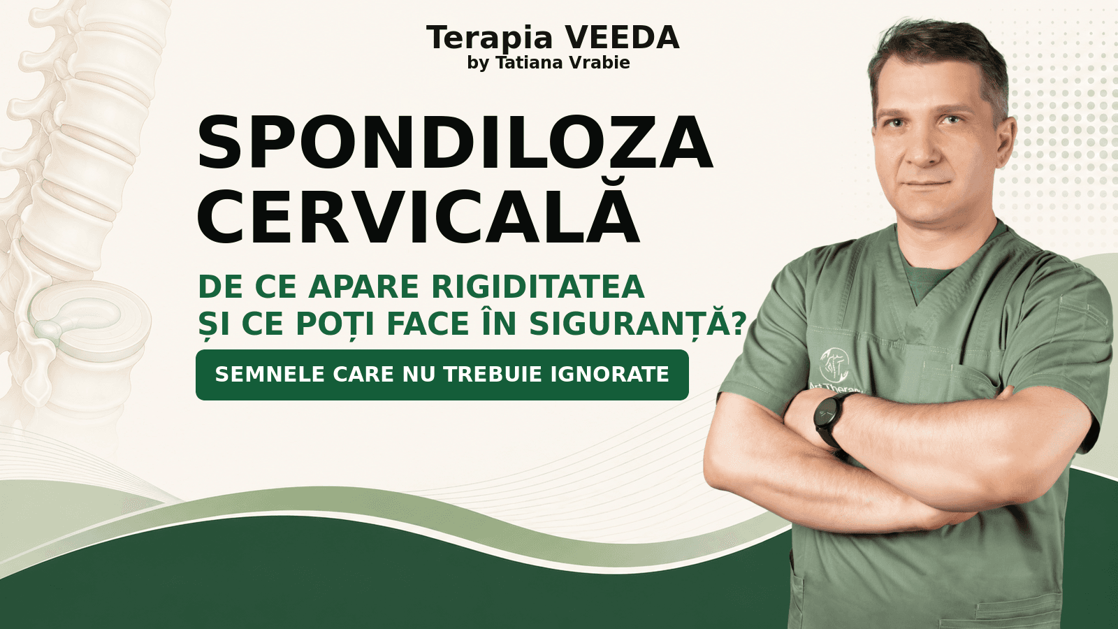 Mihai, terapeut Art Therapy, alături de titlul unui articol despre spondiloza cervicală și semnele care nu trebuie ignorate.