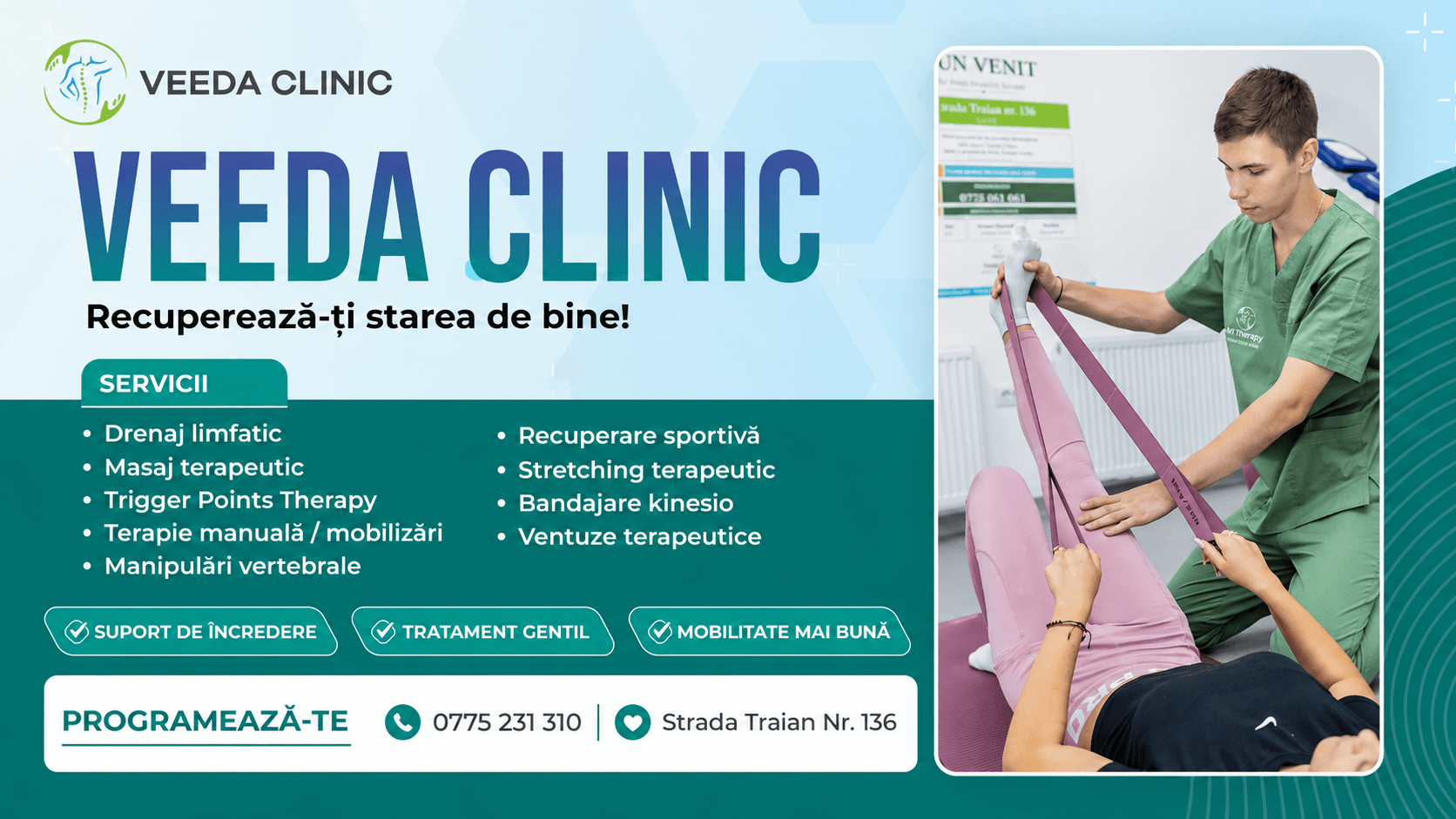 Dureri, tensiune musculară sau mobilitate redusă? Descoperiți serviciile VEEDA Clinic Galați