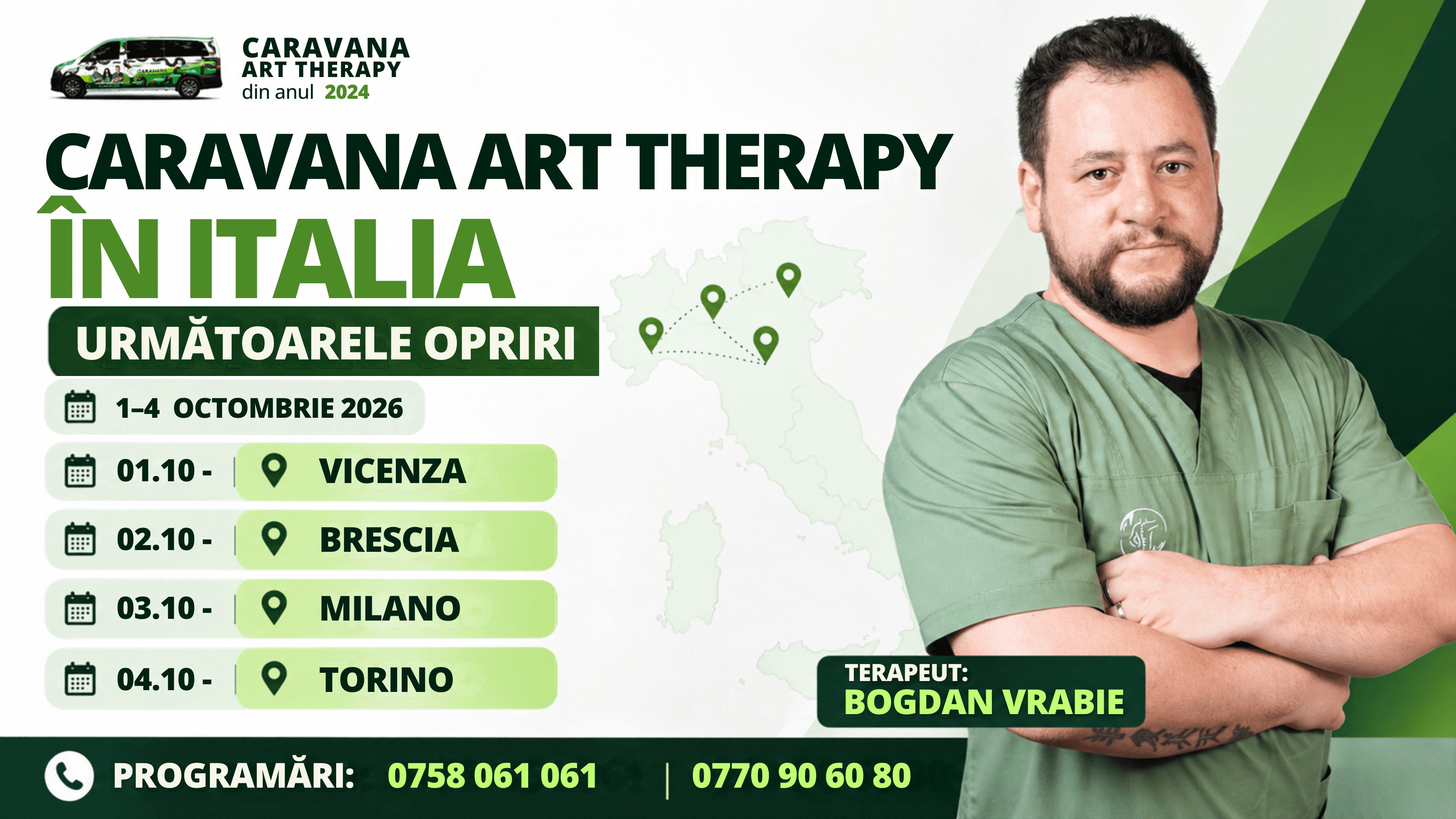 Caravana Art Therapy continuă în Italia: Vicenza, Brescia, Milano și Torino între 1 și 4 octombrie