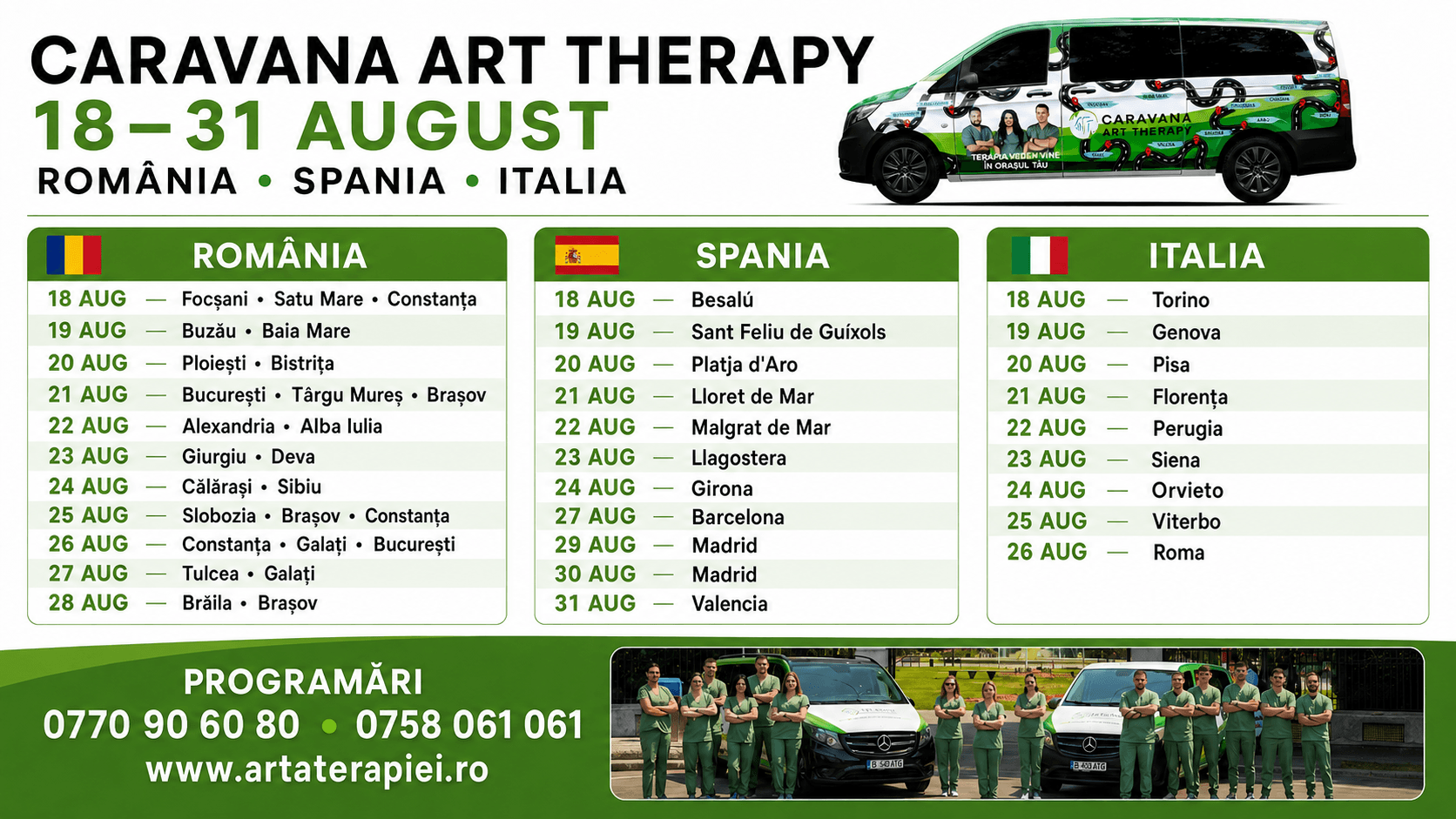 Itinerariul până la sfârșitul lunii august: Caravana Art Therapy în România, Spania și Italia
