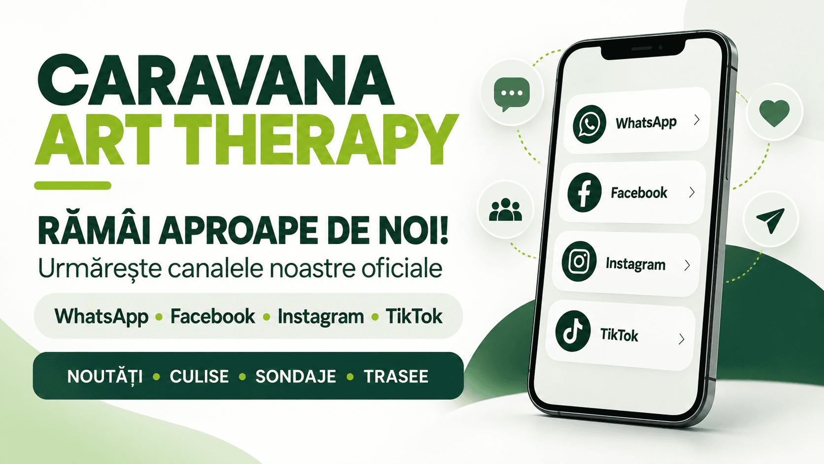 Poster pentru canalele oficiale Caravana Art Therapy pe WhatsApp, Facebook, Instagram și TikTok