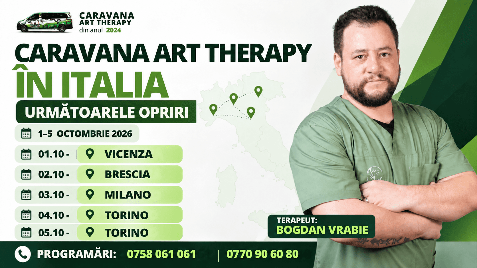 Caravana Art Therapy continuă în Italia: Vicenza, Brescia, Milano și Torino între 1 și 5 octombrie