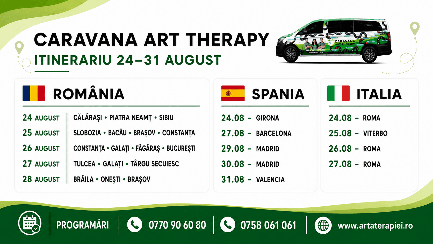 Programul Caravanei Art Therapy în România, Spania și Italia, între 24 și 31 august 2026