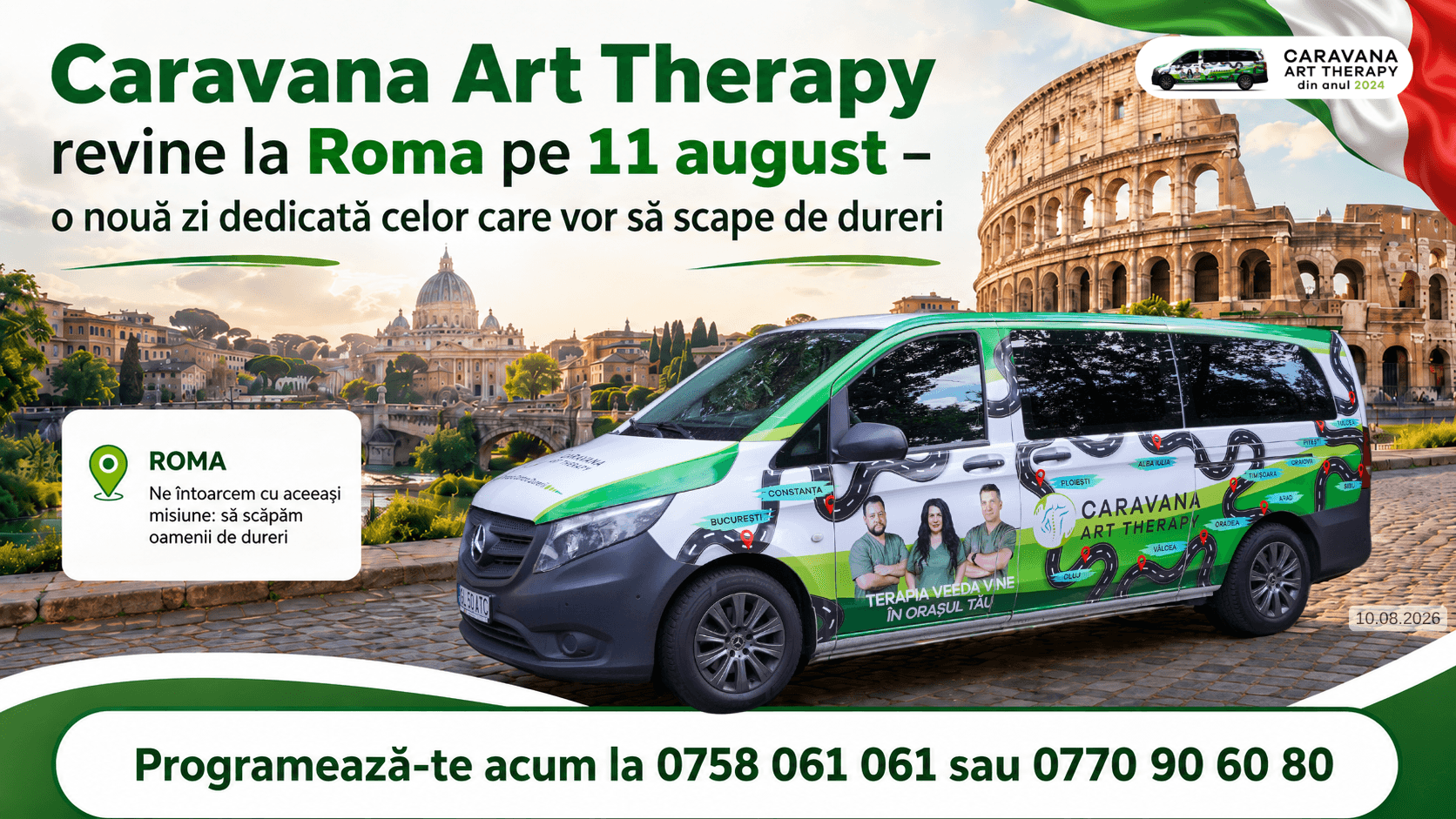Ne-ați întrebat când revenim la Roma. Mâine, 11 august, Caravana Art Therapy ajunge din nou cu Terapia VEEDA!